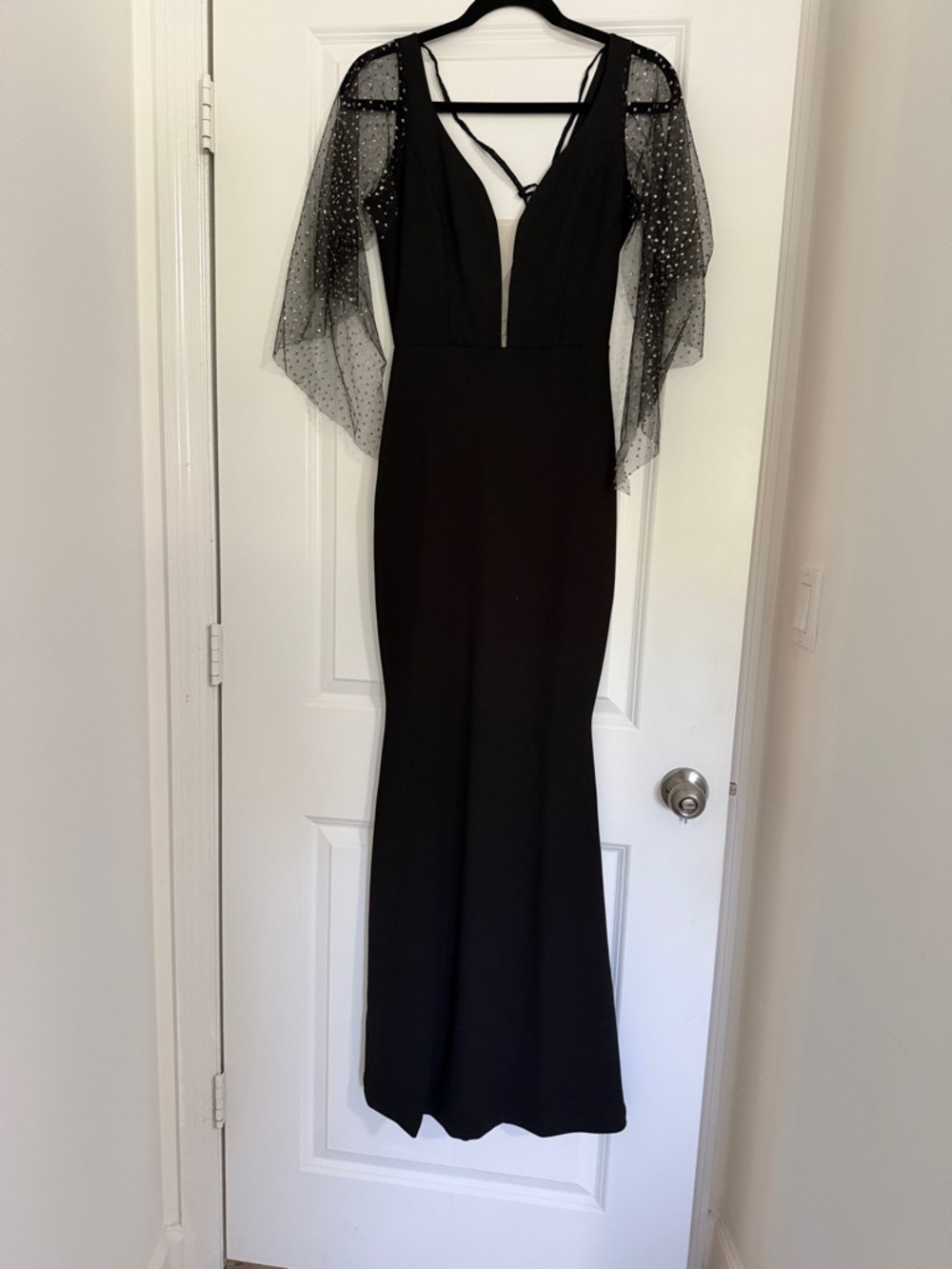 Addiction Black Maxi Dress with Sheer Polka-Dot Capelet